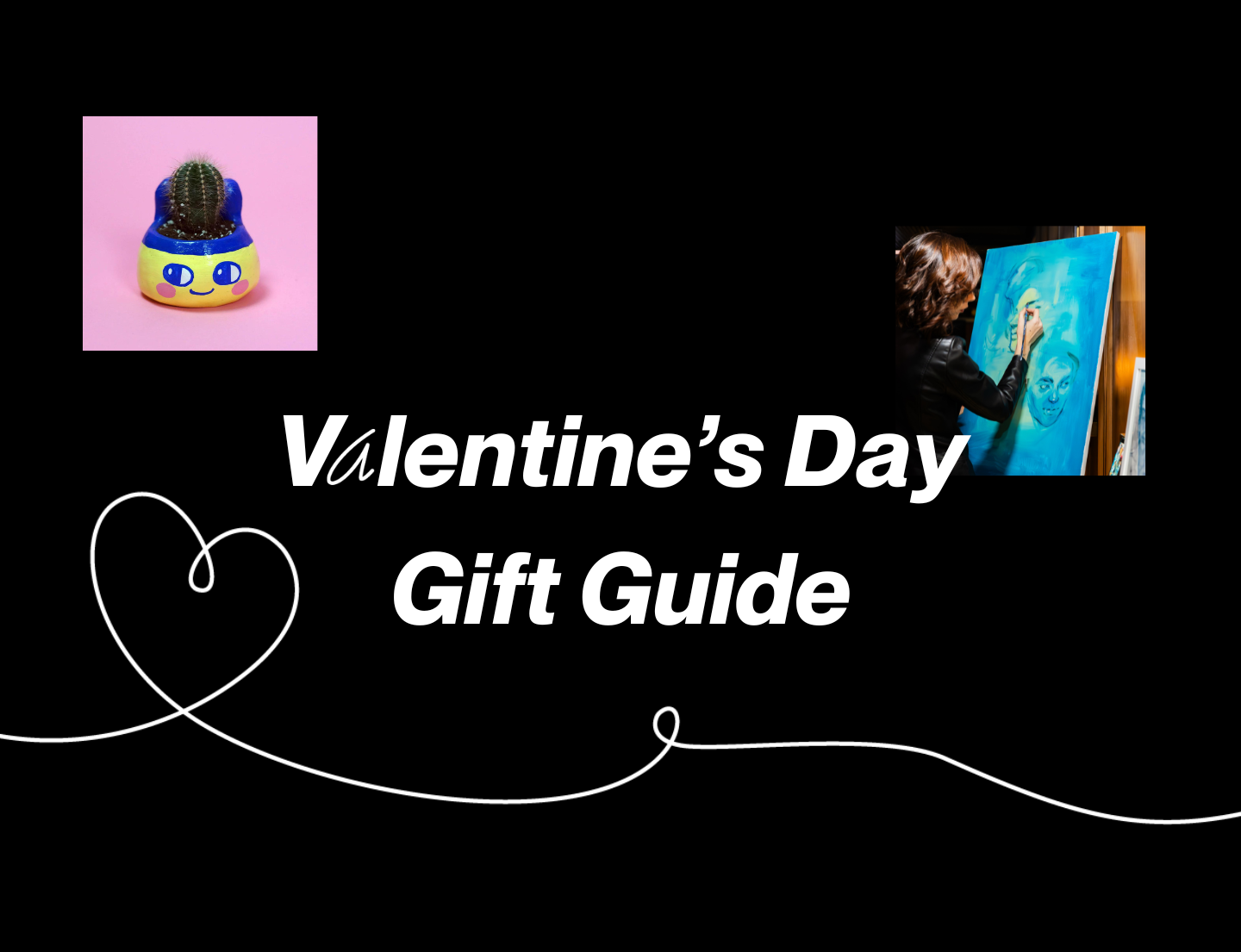 Fineline Valentine's Day Gift Guide Banner with two art features and a line drawing of a heart