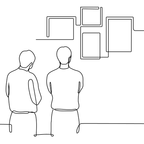 Single line illustration of two people looking at art on a wall