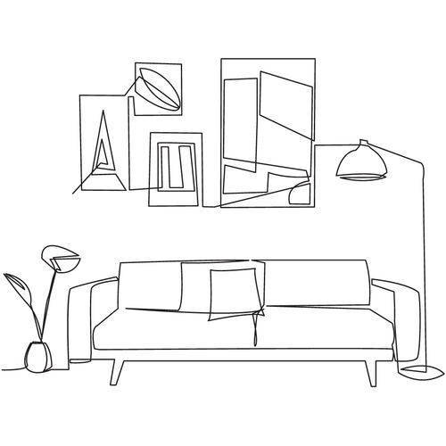 Single line illustration of multiple art pieces in a living room